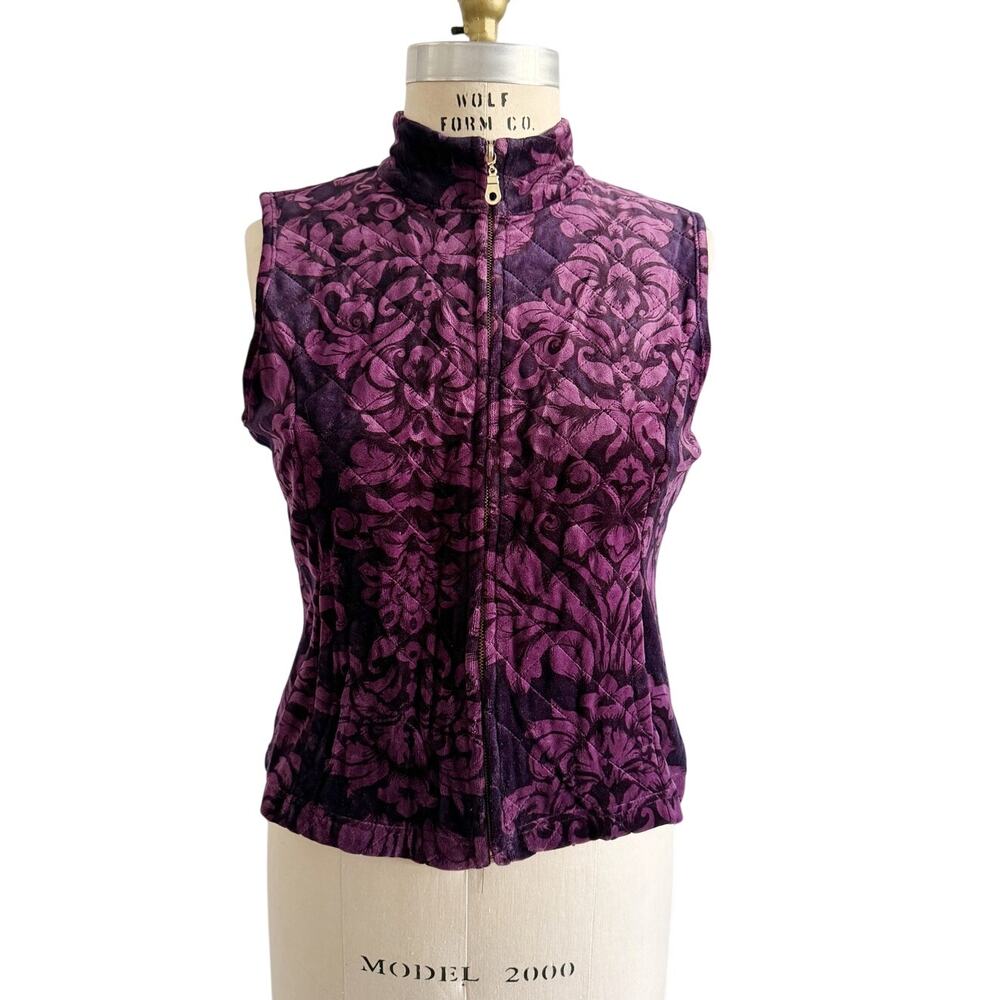 Charter Club Petite Quilted Velour Floral Damask Vest Purple Pink Mock Neck PM